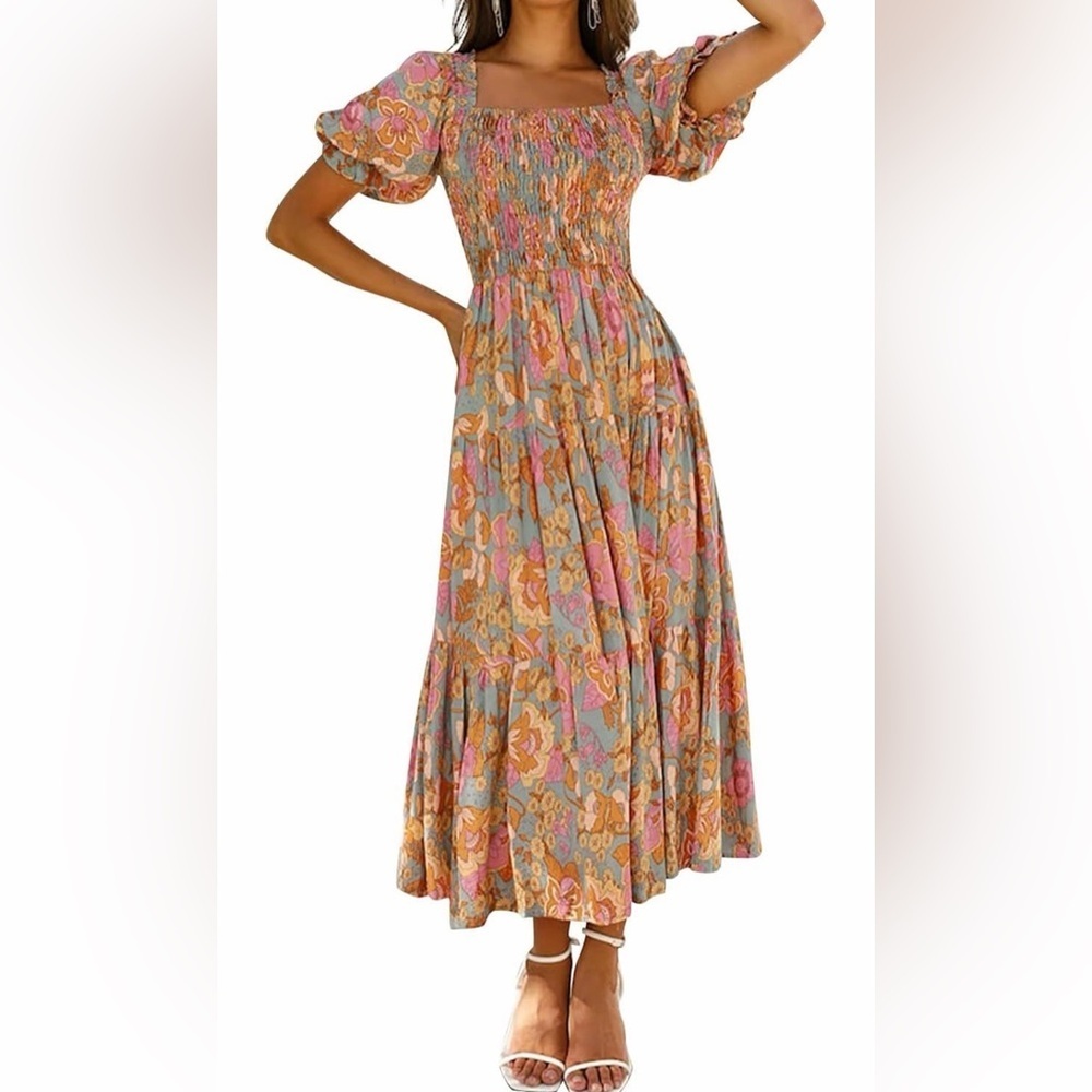 🆕Floral Puff-Sleeve Midi Dress in Multicolor